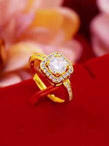 4pcs/Set Rectangle Rhinestone Earrings, Necklace And Ring Set, Elegant Luxury Style Delicate Gift For Women - Gold - View 3