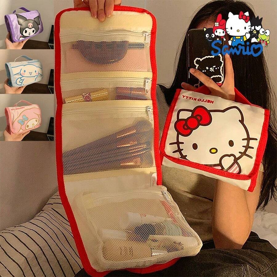 Sanrio 1pc Hello Kitty Multifunctional Four In One Makeup Bag, Cartoon Cute Portable Travel Grooming And Storage Bag, Suitable For Home Storage And Travel Supplies Storage,For Holiday Beach, Bathroom Collection, Bedroom Collection, Large Capacity