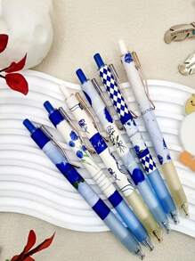 6支装蓝玫瑰伸缩圆珠笔套装，0.5mm细笔尖，黑色速干墨水圆珠笔，办公学校家居用品 - 彩色 - 查看 5