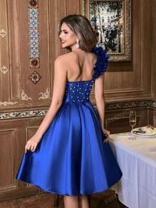 Faeriesty Elegant One-Shoulder Satin Cocktail Dress With Rhinestone & Beaded Bodice | Party Evening Gown For Wedding Guest, Formal Events