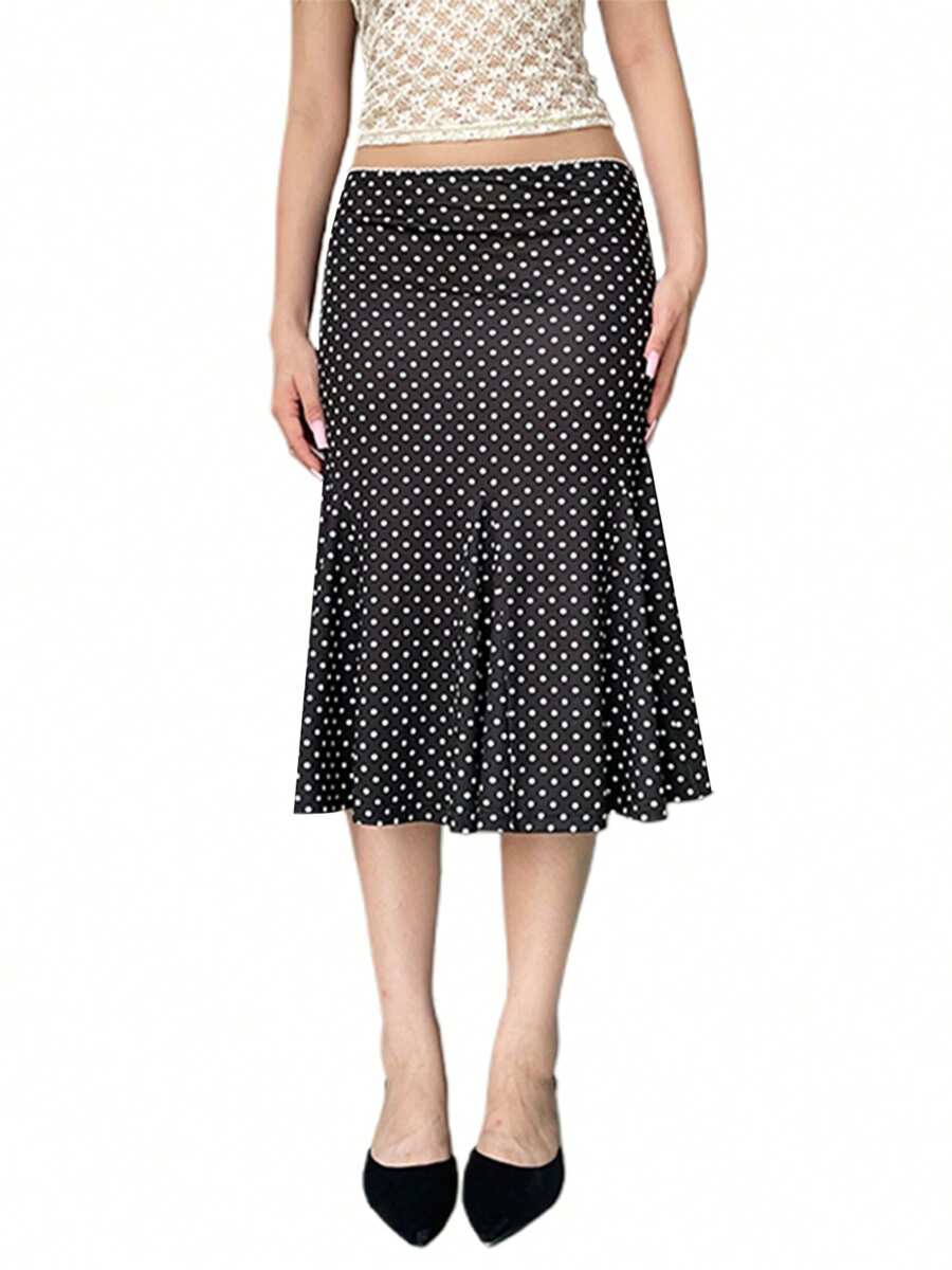 Women's Fashion Midi Skirts Dot Print Low Waist Skirts Spring Summer Casual Skirts