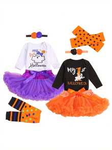 4PCS Baby Girls Halloween Outfits, Long Sleeve Romper + Tutu Skirt + Leg Warmers + Headband Set