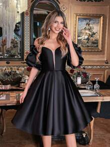 Faeriesty 优雅露肩荷叶边袖缎面鸡尾酒会礼服夏季连衣裙春季服装