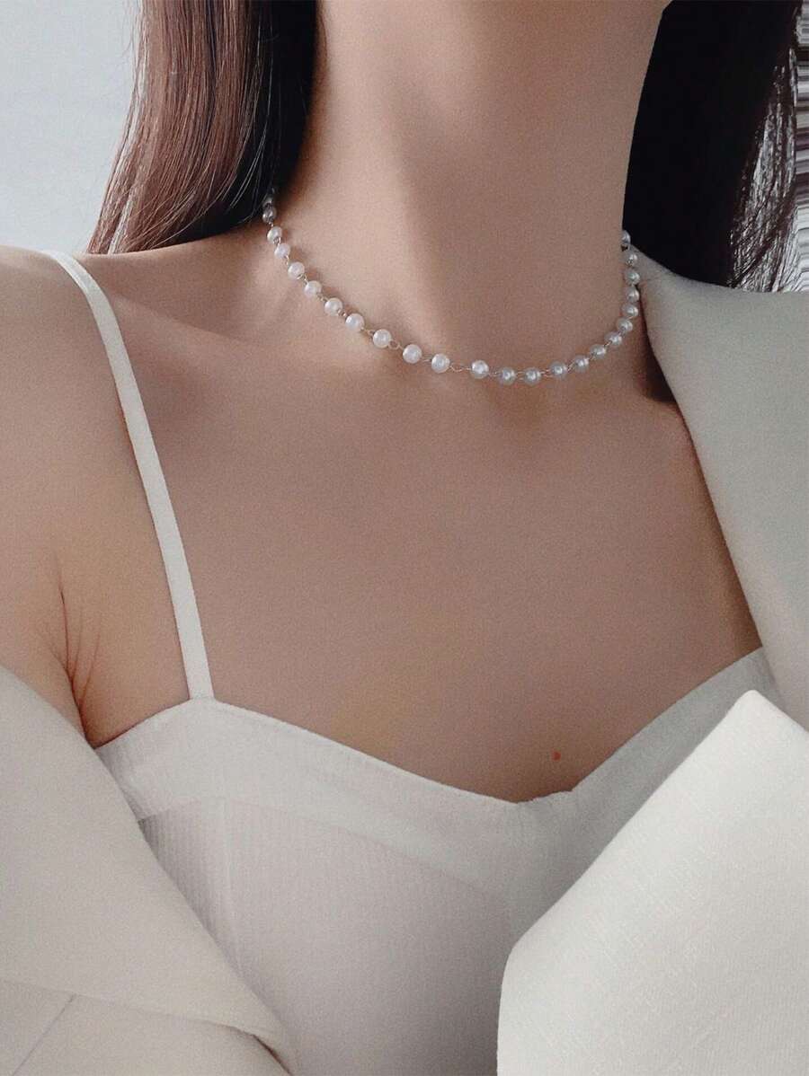 1 件精致仿珍珠项链，韩式/日式风格，优雅