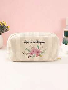 1pc Customizable Makeup Bag - Personalized Name & Design, Corduroy Zipper Makeup Pouch - Lightweight Multifunctional Cosmetic Bag For Women, Fashion Polyester Makeup Bag, Secure Zipper Closure, Ideal Travel Accessory, Unisex Adult Toiletry Organizer - Beige - View 3