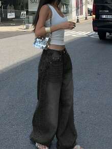 Vintage Washed Black Straight Leg Jeans For Women, US Design Loose Casual Wide Leg Floor Length Pants