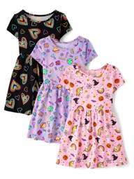 The Children's PLACE Girls Print Everyday Dress 3-Pack Pink Purple Black Hearts Unicorn Science Halloween School