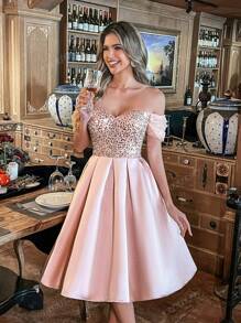 Elegant Off-Shoulder Sequined A-Line Dress, Flattering Silhouette For Weddings, Garden Parties, Proms & Evening Events, Party Dress, Wedding Guest Cocktail Dress