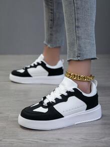 Women's Casual Shoes, Fashion Sneakers, Street Style Low-Top White Shoes, Lightweight Skateboard Shoes - Black and White - View 4