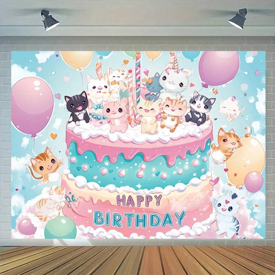 1pc Happy Birthday Kitten Cake & Balloons Banner Background, Suitable For New Year Celebration, Holiday Party, Home Decor Photography, Garden Multipurpose Decoration