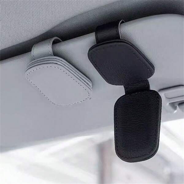 1pc PU Sun Visor Clip-On, Universal For All Vehicles, Multi-Function Car Storage, Sunglasses Holder, Eyeglasses Hook, Card/Document Clip, Black & Gray