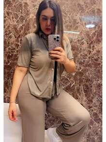 Top con botones al frente y pantalones con nudo - Camel - Ver 4