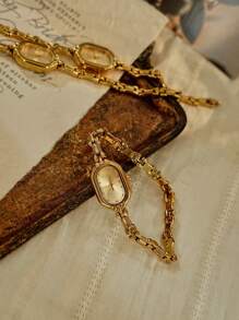1pc nieuwe aankomst gouden armband quartz horloge, vintage luxe metalen ketting ingelegd ontwerp, INS elegante minimalistische stijl, veelzijdig voor dagelijks gebruik, feest, cadeau voor verjaardag, Valentijnsdag