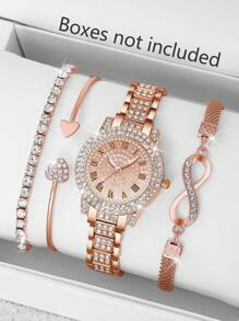 4 peças/conjunto de relógio feminino elegante com strass e numeral romano e pulseira de corrente em formato de 8, pulseira redonda dourada da moda, presente para o dia das mães, dia do professor, ação de graças, formatura, aniversário