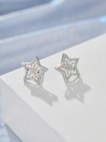 1pair Brilliant Crystal Star Earrings For Men Full Paved White Cubic Zirconia Simple Stylish Earring Versatile Fashion Jewelry
