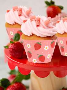 6 件草莓主题纸杯蛋糕包装纸、生日快乐派对婚礼宝贝派对性别揭秘派对纸杯蛋糕装饰包装纸、草莓主题派对装饰、蛋糕纸边框、蛋糕装饰 - 草莓 - 查看 3