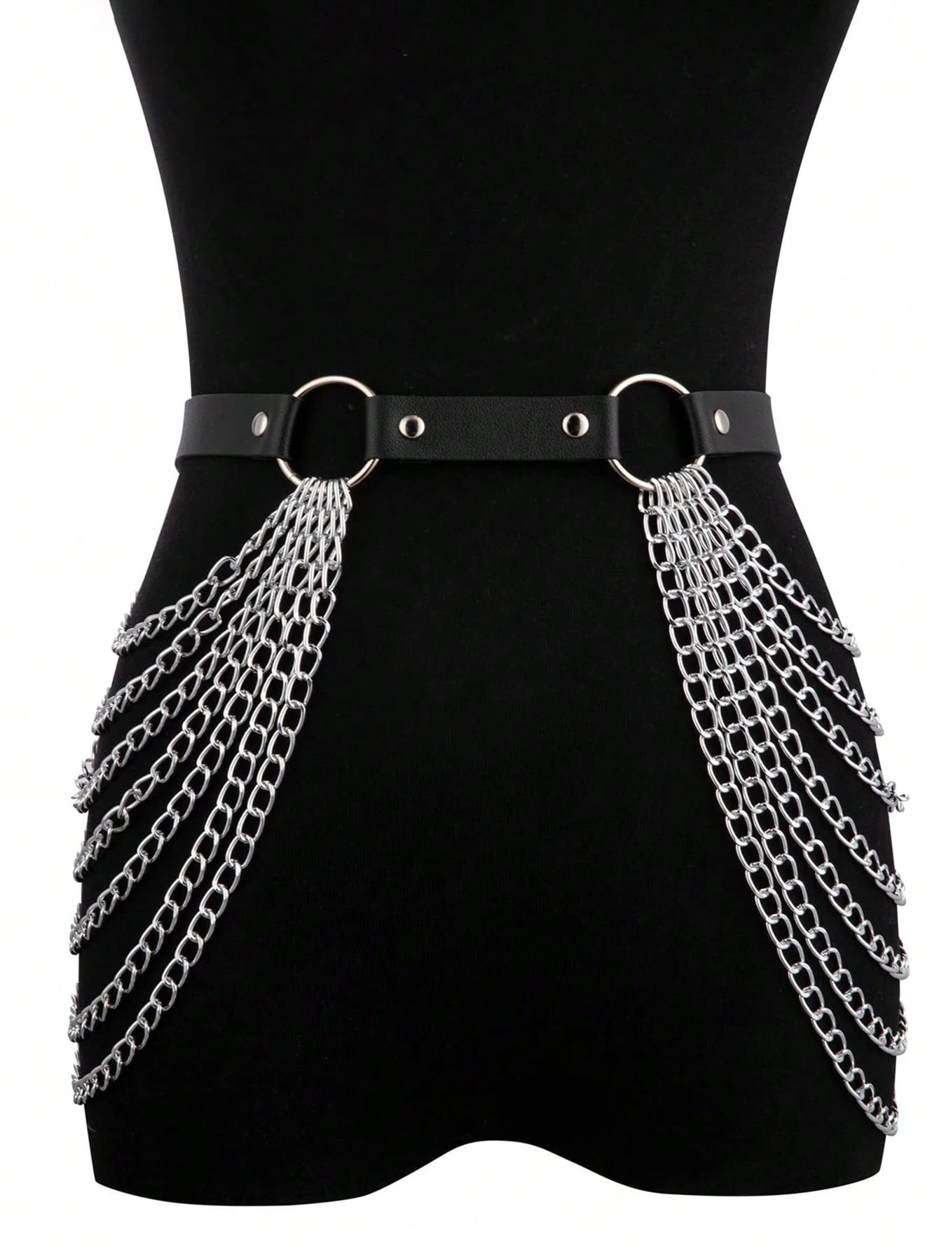 Leather Chest Harness Punk Black & Waist Chain Set For Women 