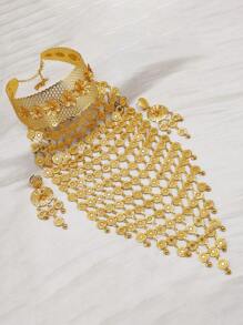 高品质花卉流苏项链 + 耳环套装，西式迪拜婚礼派对首饰套装，女士 - 金黃色 - 查看 6