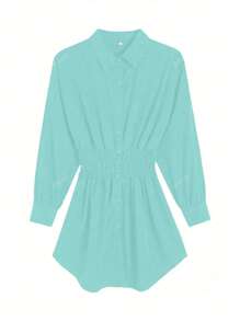 Vestido de camisa de manga larga con cintura ceñida y plisado, unicolor elegante, adecuado para la oficina y el diario, primavera/verano