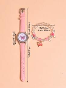 Set de 2 piezas: 1 reloj de cuarzo con diseño de mariposa de dibujos animados para niña, 1 brazalete de mariposa con cuentas, con correa de PU