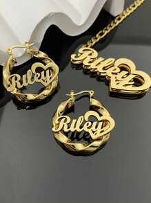 1 Pair Of DIY Custom Double-Layer Welded Name Letter Earrings, Men's And Women's Large Heart-Shaped Earring Pendants, Thick Earrings, Customizable Name Simple Daily Style, Keychain, Products Include Gift Boxes, Valentine's Day Gifts, Birthday Gifts, Mother's Day Gifts, Daily Gifts - Gold - View 11