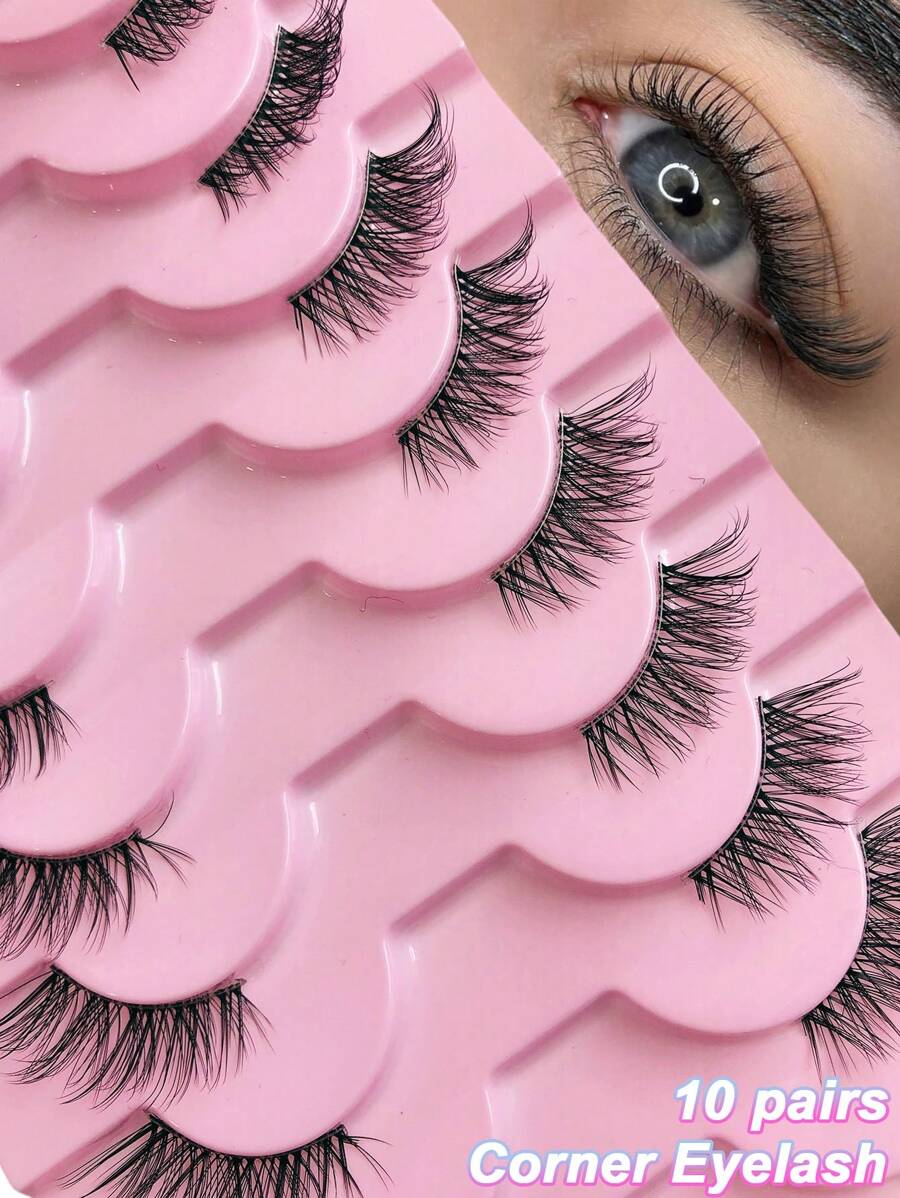 Asiteo 10对自然卡通猫眼假睫毛，透明短款柔软3D仿貂毛蓬松假睫毛，睫毛嫁接工具，适合开斋节、求婚、单身派对、新娘派对、假日、海滩、约会、聚会等场合。 - 眼尾拉長款 - 查看 1