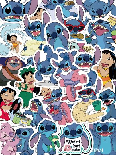 Disney 51pcs Stitch Themed Stickers, Cute Cartoon Decorative Stickers For Phone Cases, Journals, Skateboards, Guitars, Party Supplies, Luggage, Notebooks, Helmets, Envelopes, Storage Boxes, Back To School Gifts, DIY Decor