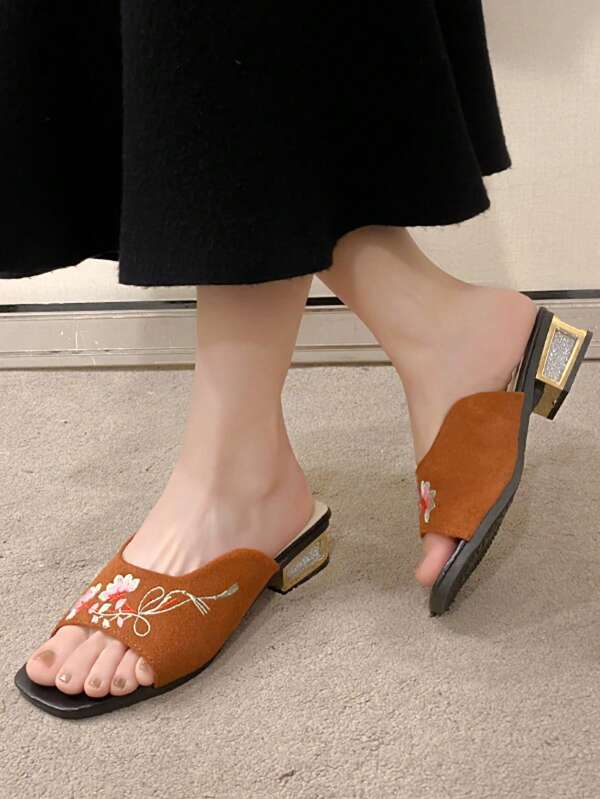 Sandali con tacco alto da donna, sandali eleganti con cristalli, tacco alto e spesso, punta aperta, cinturino alla caviglia, scarpe trasparenti, eleganti stile britannico, ciabatte, stile casual con ricamo, traspiranti e slip on
