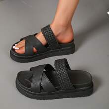 Women's Wedge, Woven, Plus Size, New 2025 Export, European And American Style, Thick Sole Slippers, Suitable For Any Occasion