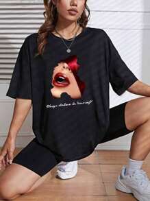 Customized Personalized Gifts, Interesting Personalized Patterns--Customize A Women's T-Shirt + Shorts 2 Pieces Set With A Custom Printed Slogan - Black - View 4