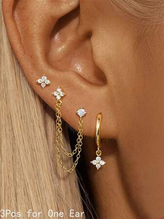 3 st CZ Flower Earring Set For Women Girl 14K Guldpläterade Kedjor Hänge Dinglar Drop Hoop Stud Örhänge Romantisk CZ Piercing Smycken För Daglig Ware Party
