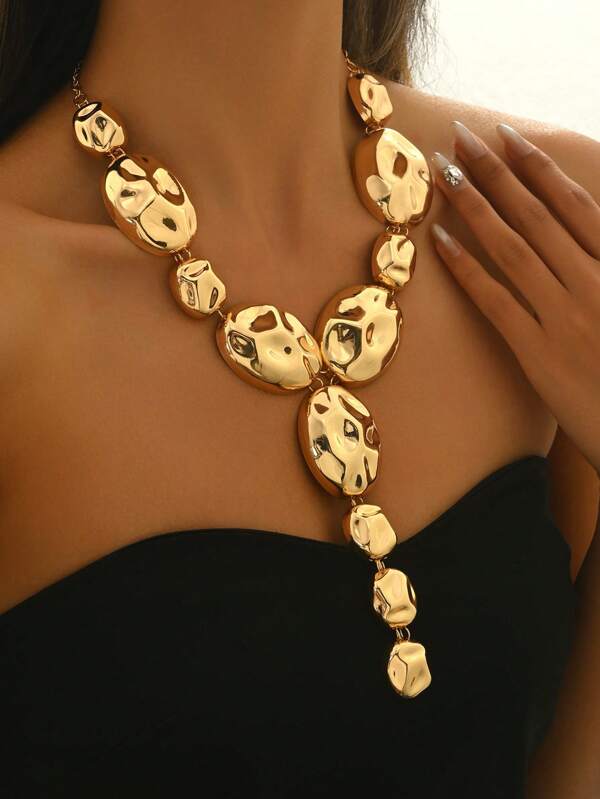 1 pièce Collier métallique surdimensionné de forme géométrique exagérée en Y, de couleur dorée