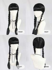 28 Inch Long Black Dual Braided Cosplay Wig With Bangs For Women Halloween Costume Anime Party, Black Double Low Braided Hairstyle Film Character Wig For Concerts Vacation Photography Themed Events Comic Con Exhibition
