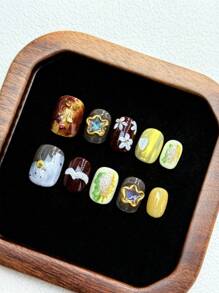 10 Stücke/DIY handgemachte Fake Nägel, dunkelbraun, grau, gelb, grün Kombination verleiht dem Gesamteffekt Reichtum und Farbvielfalt, mit handgemachter dreidimensionaler Blumenform, Metallverzierung, erhöht den Luxuscharakter und visuelle Ausstrahlung, sehr klassischer Kunststil, inklusive quadratische Fake Nägel, 1 Stücke Jellyleim, 1 Nagelfeile, geeignet für Alltag und Partys Press-On Nägel