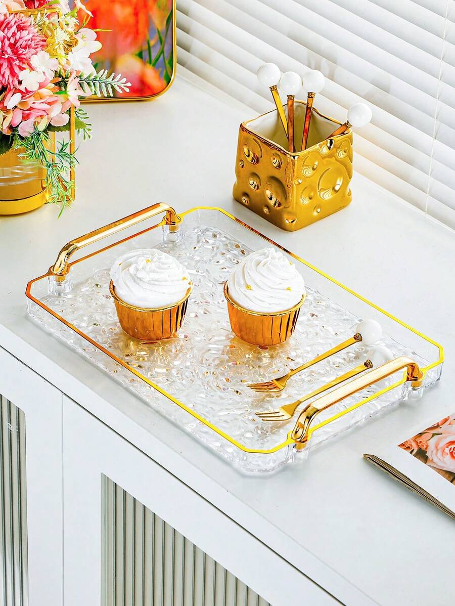 1 Piece, Luxury Acrylic Rectangular Tray With Handle, PET Material, Water Ripple Design, Perfect For Holidays And All Seasons, Perfect For Cakes, Snacks, Drinks, Etc