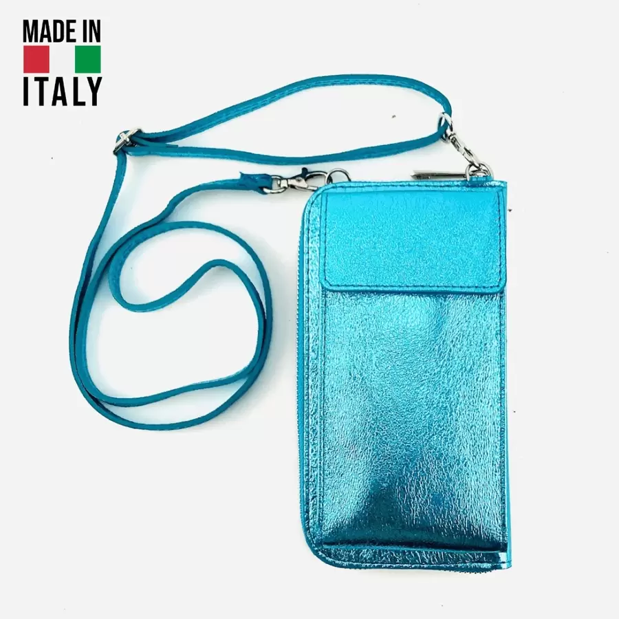 多口袋钱包和手机壳 - 真小牛皮 / 意大利制造 - 綠松石色 - 查看 1