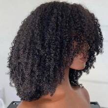 Afro Kinky Curly Human Hair Wig With Bangs Full Machine Made Scalp Top Wig Glueless Virgin Brazilian Afro Curly Wigs For Women 200% Density Natural Color - #1B Black - View 3