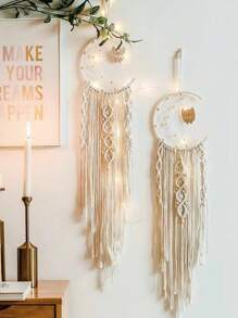 1 pièce Capteur de rêves tapisserie murale décorative tressée multicolore moderne et simple de style nordique, décoration murale créative pour la maison, la chambre à coucher, le salon, pendentif fait main avec étoile, lune et franges, décoration intérieure