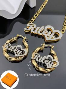 1 Pair Of DIY Custom Double-Layer Welded Name Letter Earrings, Men's And Women's Large Heart-Shaped Earring Pendants, Thick Earrings, Customizable Name Simple Daily Style, Keychain, Products Include Gift Boxes, Valentine's Day Gifts, Birthday Gifts, Mother's Day Gifts, Daily Gifts - Gold - View 1