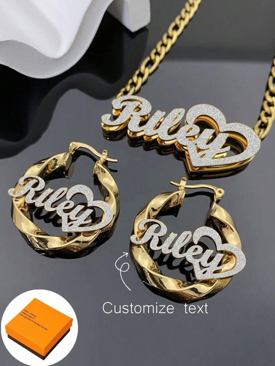 1 Pair Of DIY Custom Double-Layer Welded Name Letter Earrings, Men's And Women's Large Heart-Shaped Earring Pendants, Thick Earrings, Customizable Name Simple Daily Style, Keychain, Products Include Gift Boxes, Valentine's Day Gifts, Birthday Gifts, Mother's Day Gifts, Daily Gifts - Gold - View 1