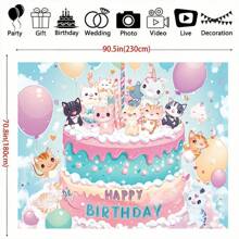 1pc Happy Birthday Kitten Cake & Balloons Banner Background, Suitable For New Year Celebration, Holiday Party, Home Decor Photography, Garden Multipurpose Decoration