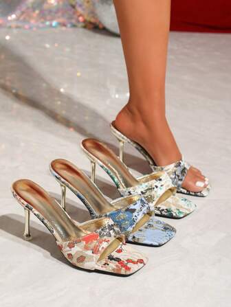 Women's Preferred Lace Sequined High Heels, Elegant And Sophisticated, Sexy Square Toe, Lightweight And Comfortable For Daily Wear, All-Season Sparkling Gold High Heels