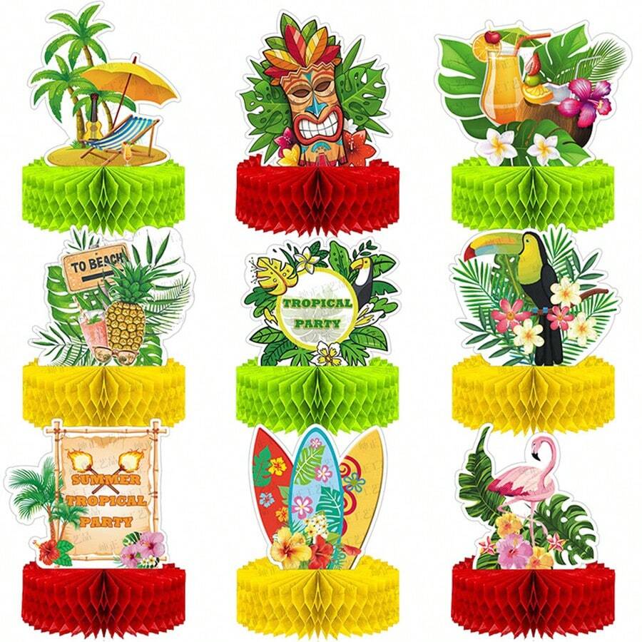 Juego de 9 piezas de centros de mesa hawaianos tipo panal para mesas de fiesta luau de Hawái, decoraciones para fiestas tropicales con piñas, para suministros de fiesta, decoración de pasteles, de 6.9 x 8.5 pulgadas - Adornos hawaianos con forma de panal - Ver 1