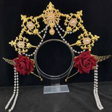 1pc Women's Golden Faux Pearl Chain Metal Lolita Angel Halo Sun Crown Headband, Suitable For Daily Wear, Cosplay, Photography Props Halloween