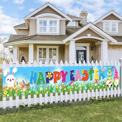 1 pieza Pancarta de Pascua Feliz, de 118,1 pulg x 19,6 pulg, gran pancarta de Pascua para el jardín con estampados florales coloridos y de huevos de Pascua, de tela de poliéster, adecuada para decoración interior y exterior, excelente para porche, patio, garaje y decoración del hogar