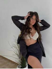 1 pezzo Nuovo 2025 Copricostume da spiaggia estivo da donna con dettagli in perle, collo alto; Body Chain Top con perle