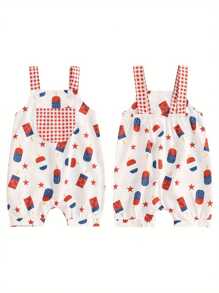 Baby Overall Shorts, Sleeveless Stars Popsicle Print 4th Of July Clothing Summer Clothes - Ivory White - View 2