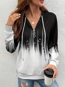 [Tops] Elegant & Fashionable Women Casual Ombre Zip-Up Drawstring Sweatshirt, Suitable For Spring, Autumn And Winter - White - View 1