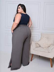 Plus Size Palazzo Pants Large Size Duna High Waist With Elastic Wide Legging Blogger Promotion - Grey - View 2