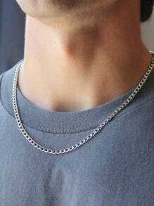 1 st. kubanskt halsband i titanstål för män, enkelt halsband med choker, personliga accessoarer - Silver - Visa 4